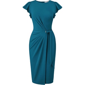 GRACE KARIN Church Dresses for Women,Ruffle Short Sleeve Work Dress,Ruched Bodycon Business Midi Dress(Deep Peacock Blue)
