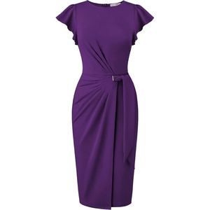 GRACE KARIN Church Dresses for Women,Ruffle Short Sleeve Work Dress,Ruched Bodycon Business Midi Dress(Deep Purple)