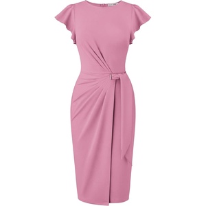 GRACE KARIN Church Dresses for Women,Ruffle Short Sleeve Work Dress,Ruched Bodycon Business Midi Dress(Gray Pink)