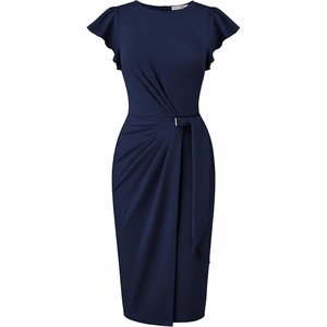 GRACE KARIN Church Dresses for Women,Ruffle Short Sleeve Work Dress,Ruched Bodycon Business Midi Dress(Navy Blue)