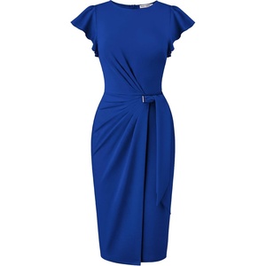 GRACE KARIN Church Dresses for Women,Ruffle Short Sleeve Work Dress,Ruched Bodycon Business Midi Dress(Royal Blue)