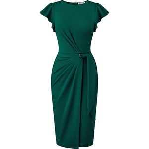 GRACE KARIN Church Dresses for Women,Ruffle Short Sleeve Work Dress,Ruched Bodycon Business Midi Dress(Verdant Green)