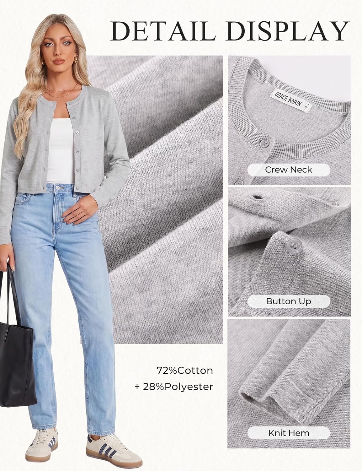 image:imageGRACE KARIN Cropped Cardigan Sweaters for Women Cotton Bolero Shrugs for Dresses Summer Outfits Fashion Clothes 2026Grey