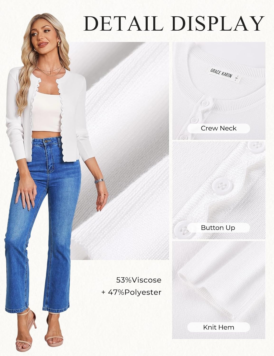 image:imageGRACE KARIN Lightweight Cardigan Sweaters for Women Cropped Long Sleeve Cardigans 2026 Trendy Fashion ClothesWhite