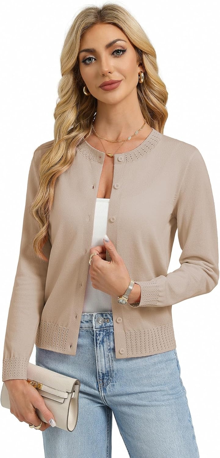 image:imageGRACE KARIN Womens Cropped Cardigan Sweaters Trendy Lightweight Shrugs Button Up Long Sleeve Knit TopsLight Khaki