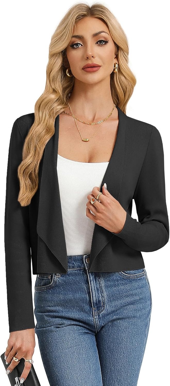 image:imageGRACE KARIN Womens Cropped Sweater Blazer Lightweight Cardigans Dressy Bolero Shrug Blazers for Women Business CasualBlack