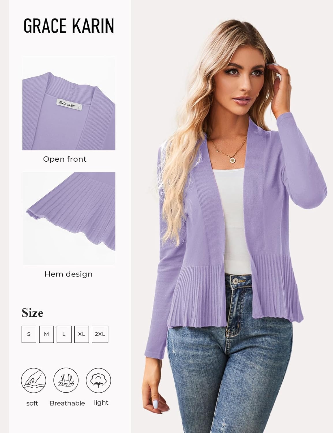 image:imageGRACE KARIN Womens Lightweight Peplum Cardigan Sweaters Open Front Cropped Cardigan Long Sleeve Trendy Summer Knit TopsTaro Light Purple