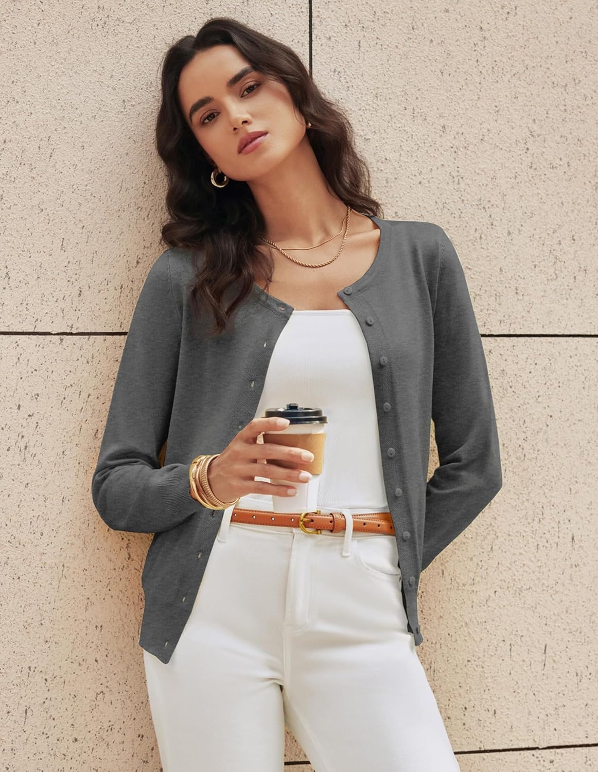 image:imageGRACE KARIN Womens Long Sleeve Knit Cardigan Sweaters Casual Dressy Open Front Button Down Cardigans Spring OutfitsDark Heather Grey