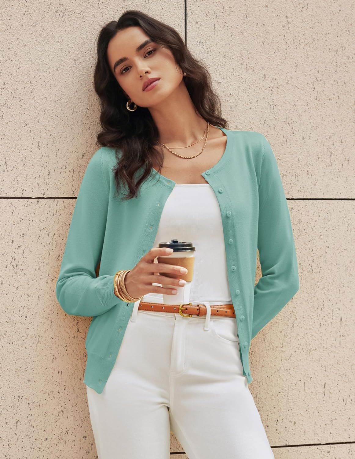 image:imageGRACE KARIN Womens Long Sleeve Knit Cardigan Sweaters Casual Dressy Open Front Button Down Cardigans Spring OutfitsMint Blue