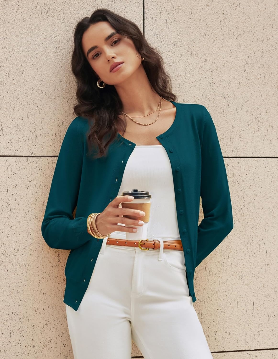 image:imageGRACE KARIN Womens Long Sleeve Knit Cardigan Sweaters Casual Dressy Open Front Button Down Cardigans Spring OutfitsPeacock Green