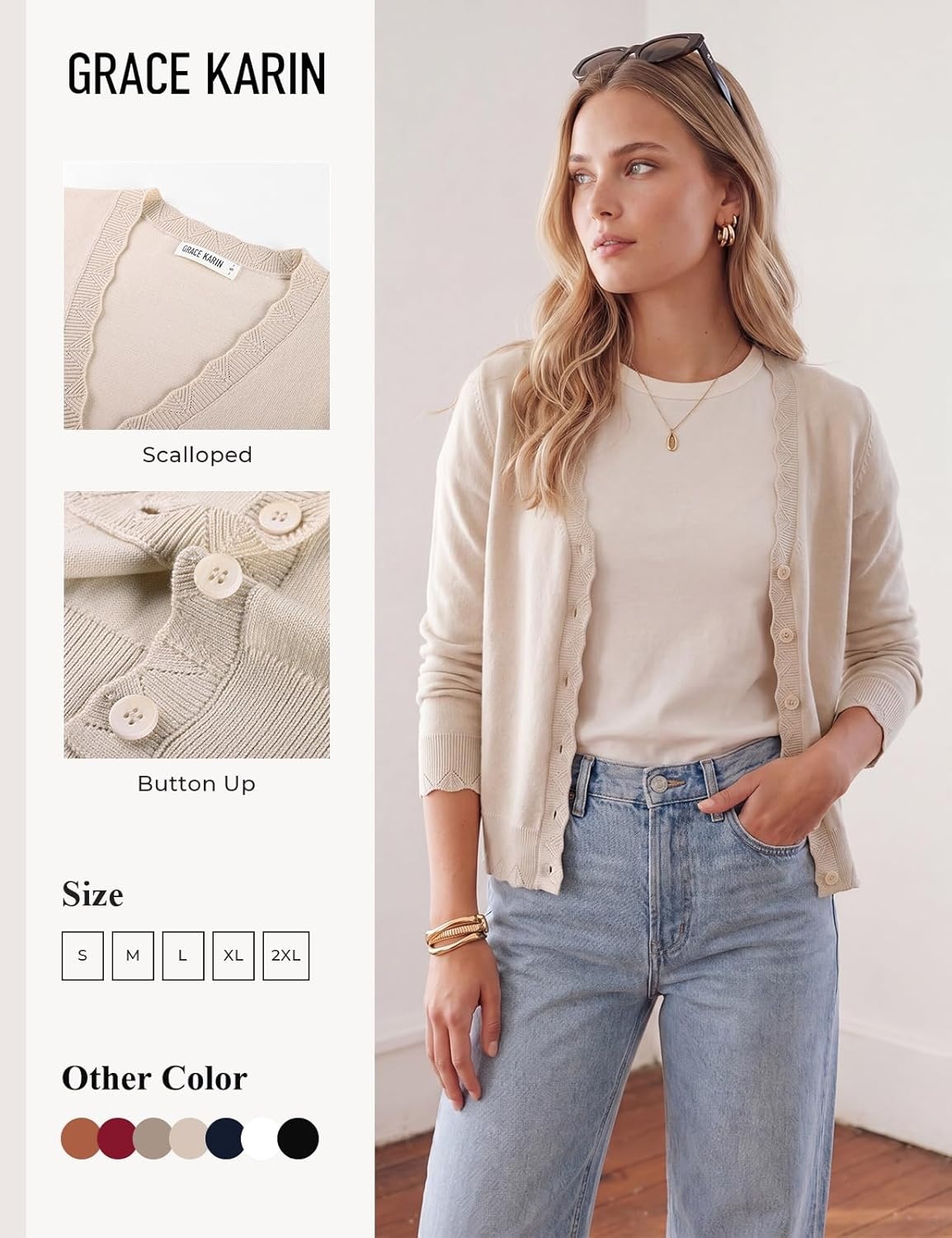 image:imageGRACE KARIN Womens Wool Blend Lightweight Summer Cardigan Sweater Button Up Scalloped V Neck Sweaters Business CasualApricot