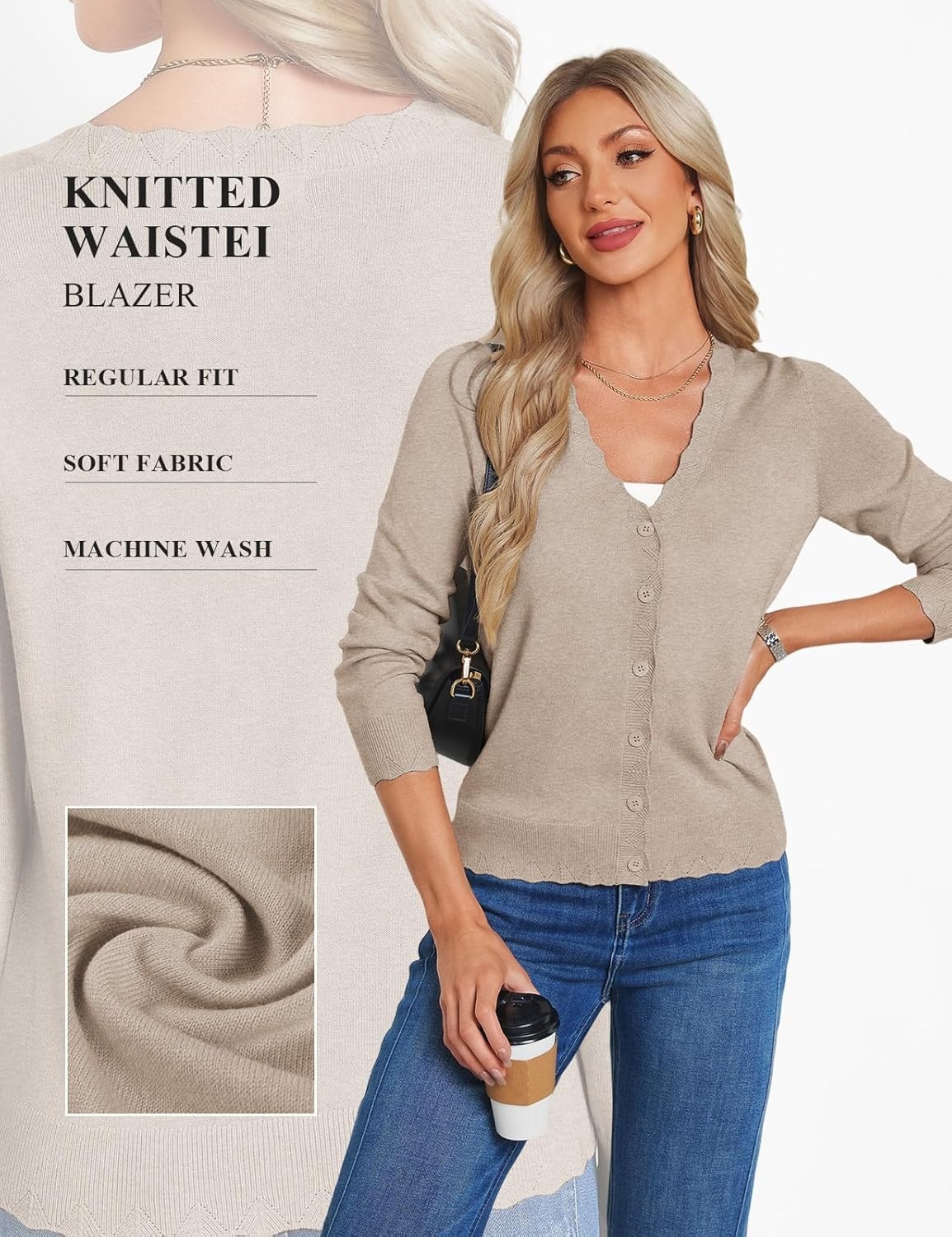 image:imageGRACE KARIN Womens Wool Blend Lightweight Summer Cardigan Sweater Button Up Scalloped V Neck Sweaters Business CasualKhaki