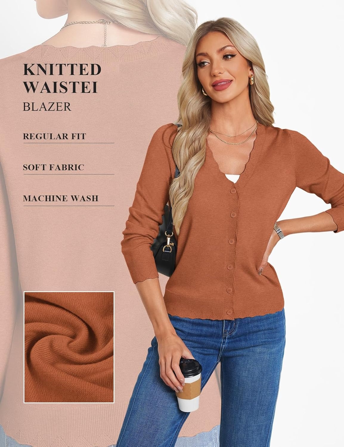image:imageGRACE KARIN Womens Wool Blend Lightweight Summer Cardigan Sweater Button Up Scalloped V Neck Sweaters Business CasualPumpkin Orange