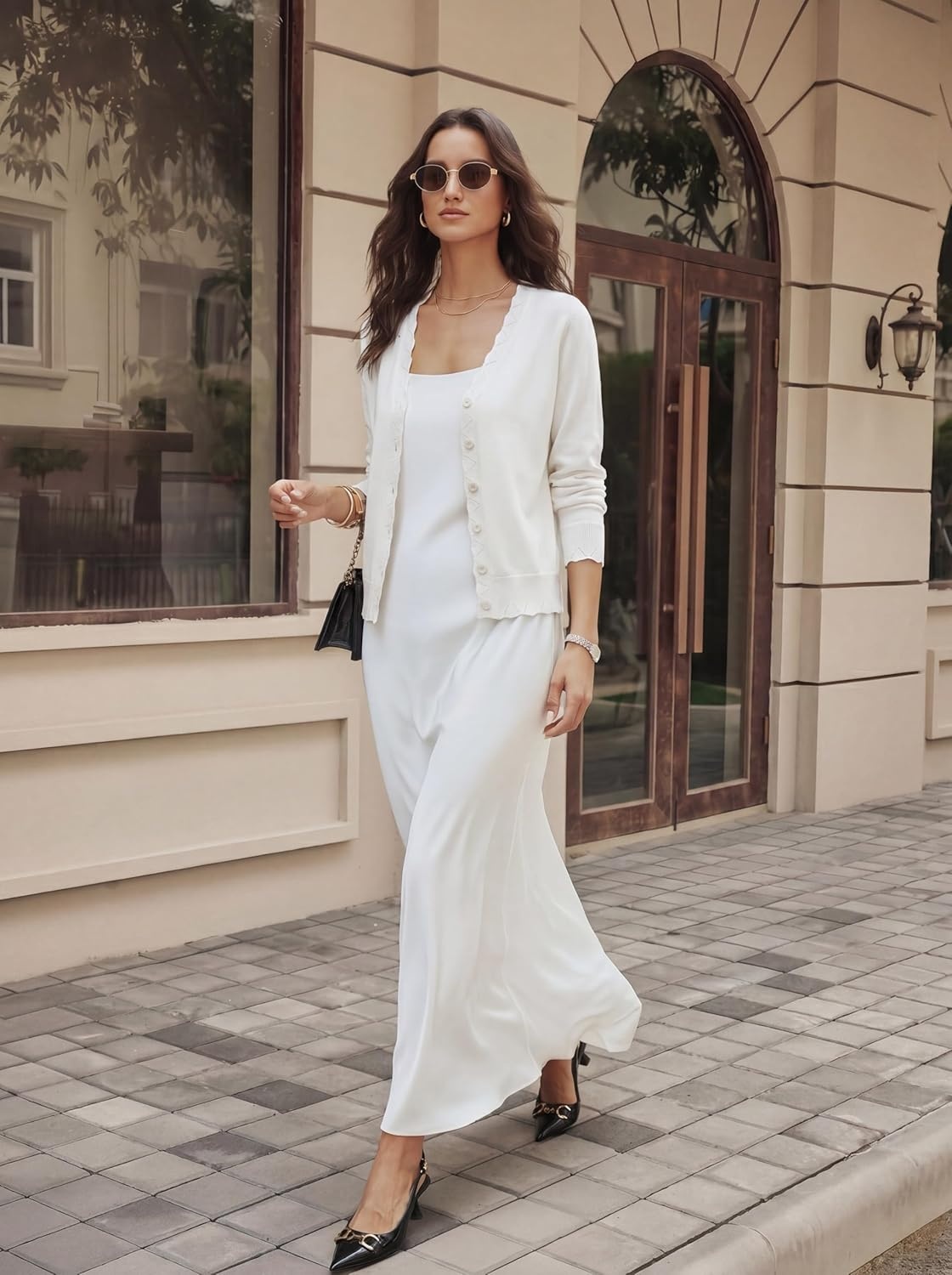 image:imageGRACE KARIN Womens Wool Blend Lightweight Summer Cardigan Sweater Button Up Scalloped V Neck Sweaters Business CasualWhite