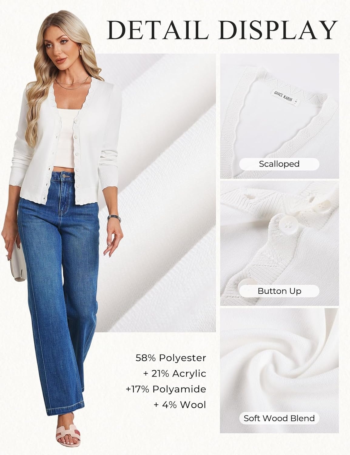 image:imageGRACE KARIN Womens Wool Blend Lightweight Summer Cardigan Sweater Button Up Scalloped V Neck Sweaters Business CasualWhite
