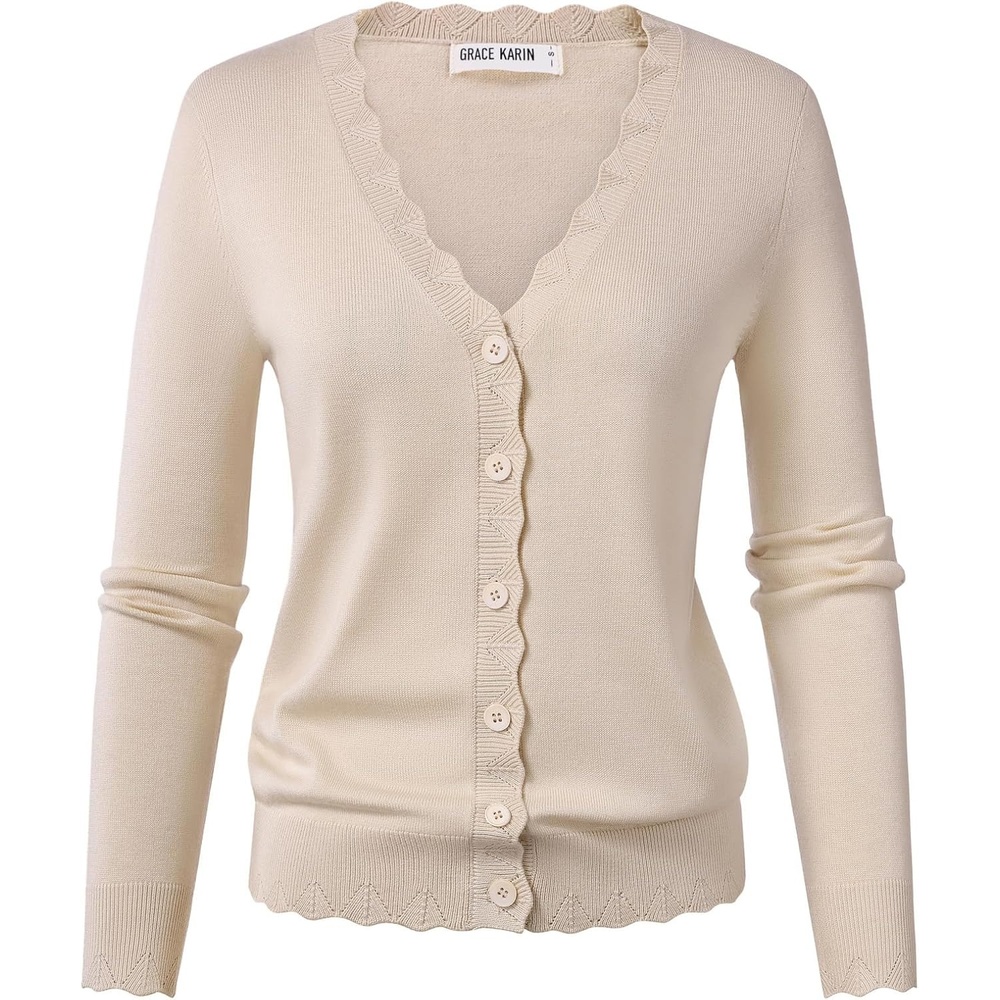image:imageGRACE KARIN Womens Wool Blend Lightweight Summer Cardigan Sweater Button Up Scalloped V Neck Sweaters Business CasualApricot