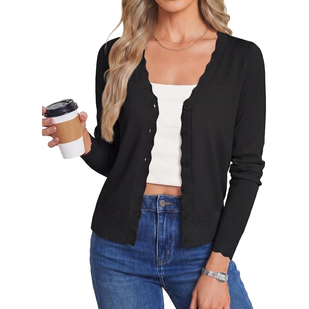 image:imageGRACE KARIN Womens Wool Blend Lightweight Summer Cardigan Sweater Button Up Scalloped V Neck Sweaters Business CasualBlack