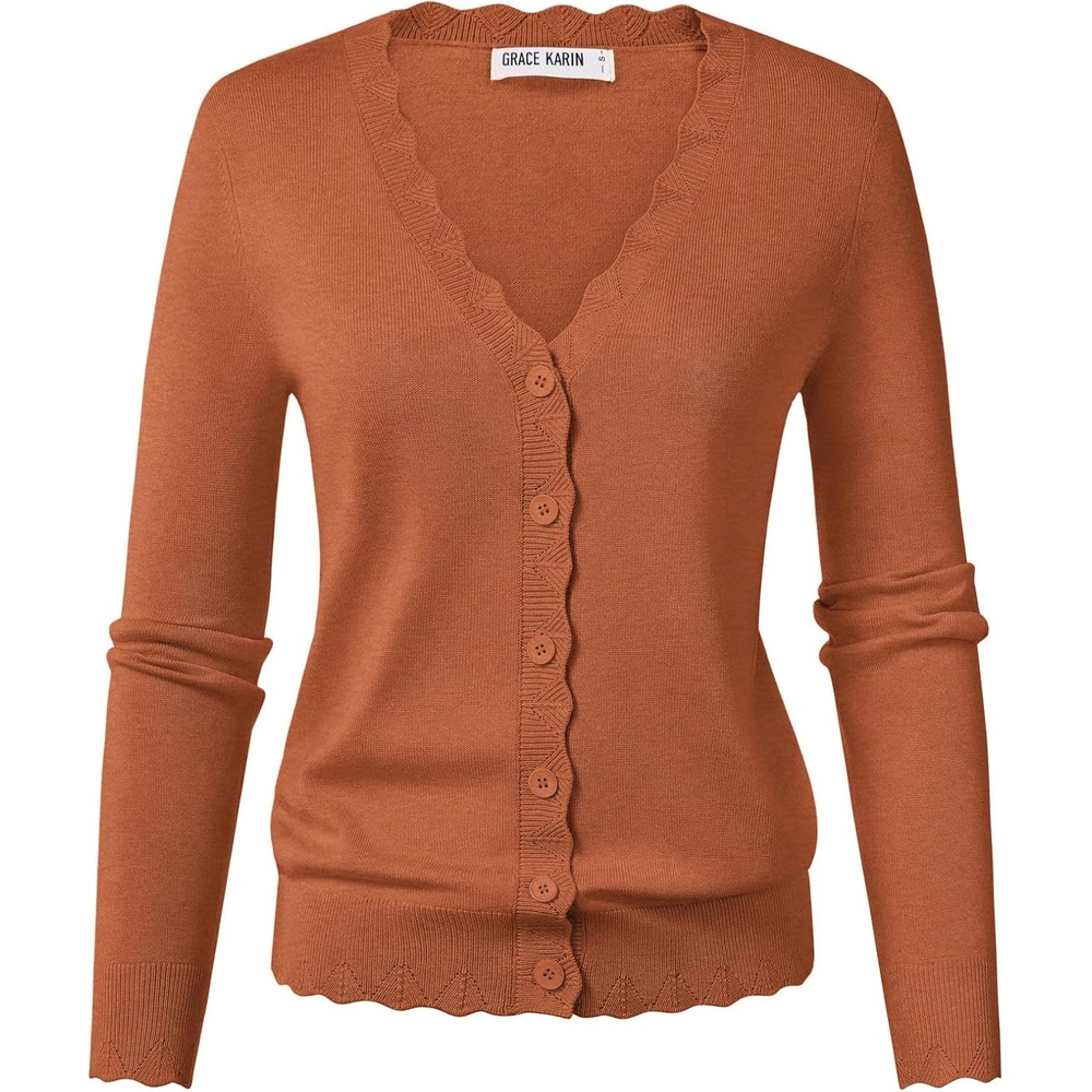 image:imageGRACE KARIN Womens Wool Blend Lightweight Summer Cardigan Sweater Button Up Scalloped V Neck Sweaters Business CasualPumpkin Orange