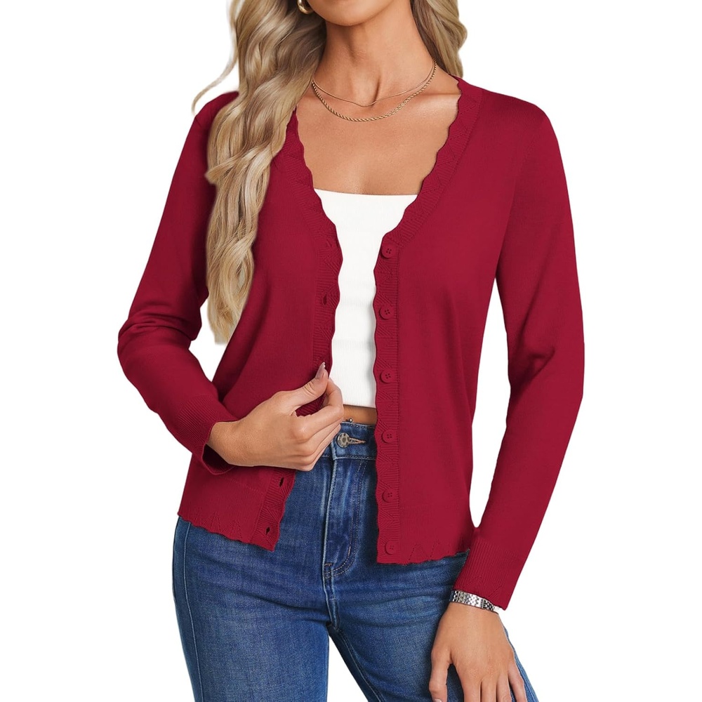image:imageGRACE KARIN Womens Wool Blend Lightweight Summer Cardigan Sweater Button Up Scalloped V Neck Sweaters Business CasualRed