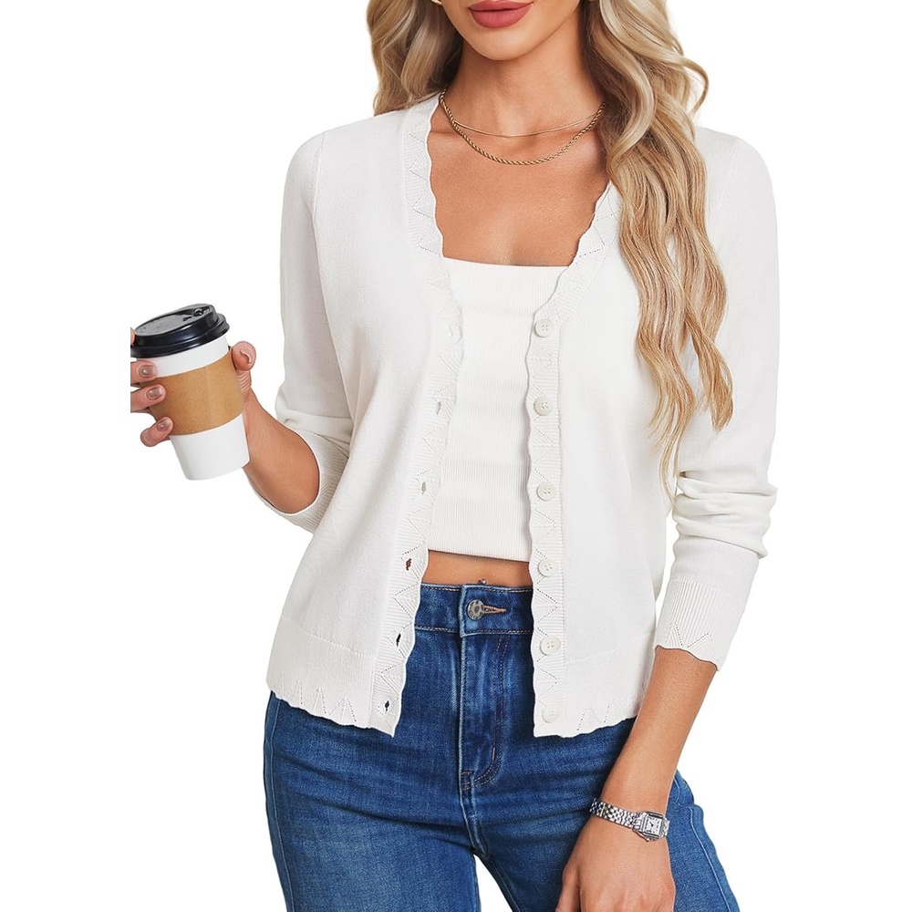 image:imageGRACE KARIN Womens Wool Blend Lightweight Summer Cardigan Sweater Button Up Scalloped V Neck Sweaters Business CasualWhite