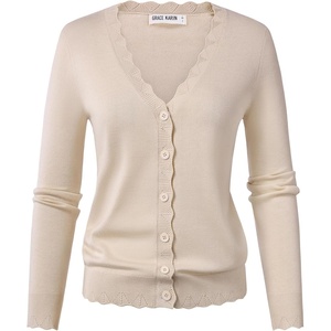 GRACE KARIN Women’s Wool Blend Lightweight Summer Cardigan Sweater Button Up Scalloped V Neck Sweaters Business Casual(Apricot)
