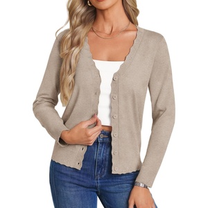 GRACE KARIN Women’s Wool Blend Lightweight Summer Cardigan Sweater Button Up Scalloped V Neck Sweaters Business Casual(Khaki)
