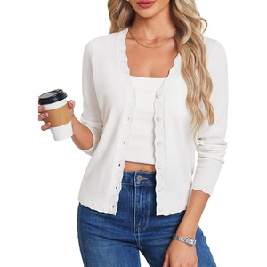 GRACE KARIN Women’s Wool Blend Lightweight Summer Cardigan Sweater Button Up Scalloped V Neck Sweaters Business Casual(White)