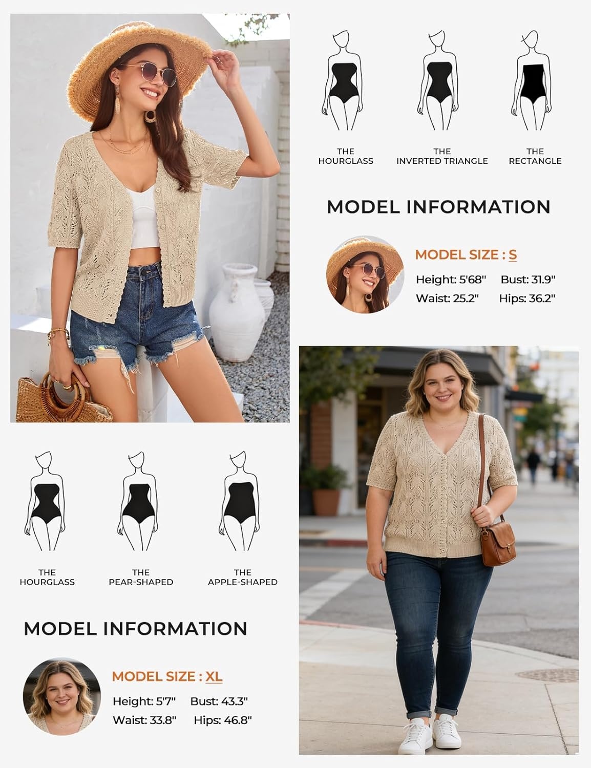 image:imageGRACE KARIN 2026 Womens Short Sleeve V Neck Cardigans Sweaters Open Front Knit Crochet Button Bolero Shrugs TopsApricot