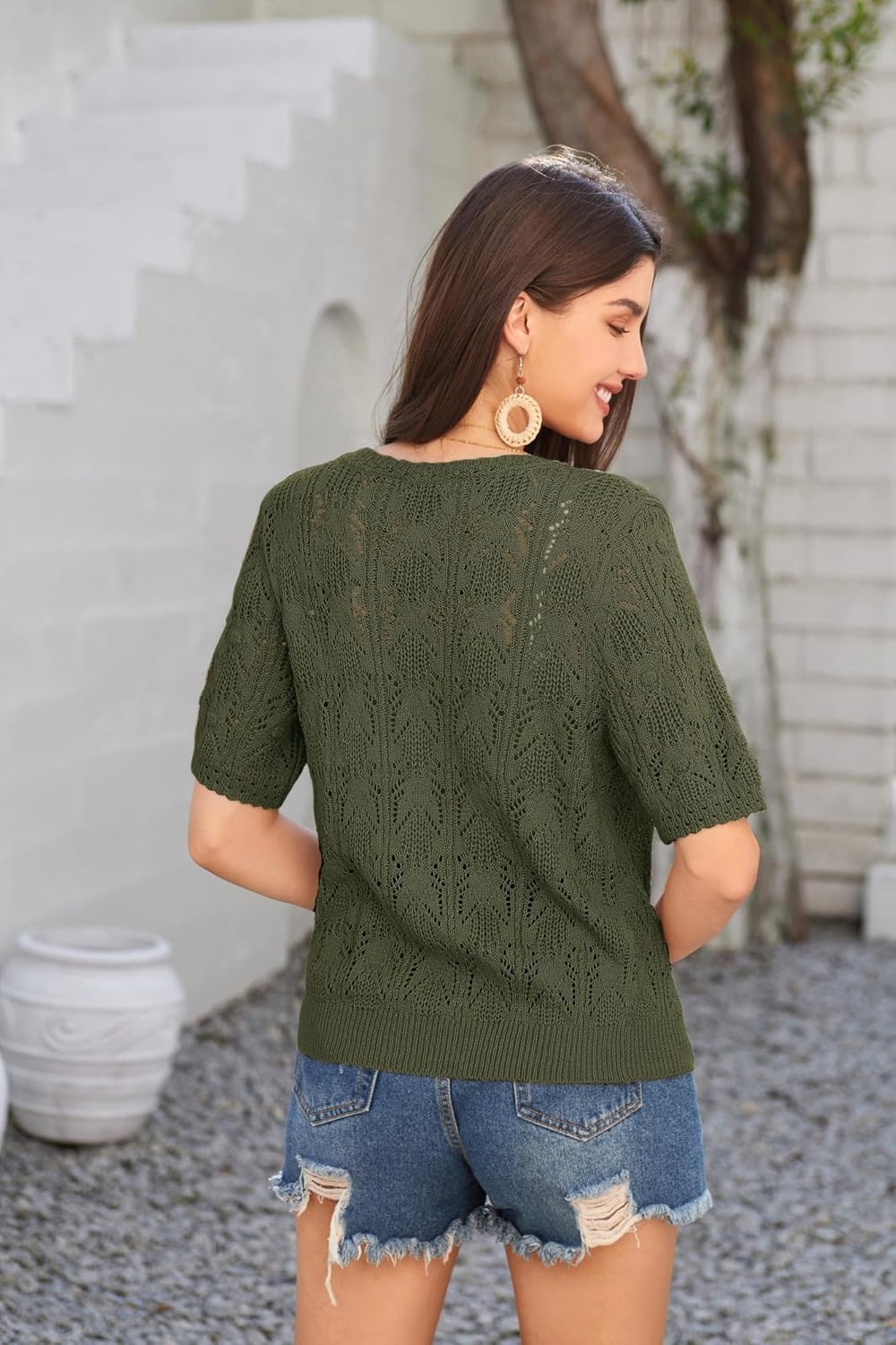 image:imageGRACE KARIN 2026 Womens Short Sleeve V Neck Cardigans Sweaters Open Front Knit Crochet Button Bolero Shrugs TopsArmy Green