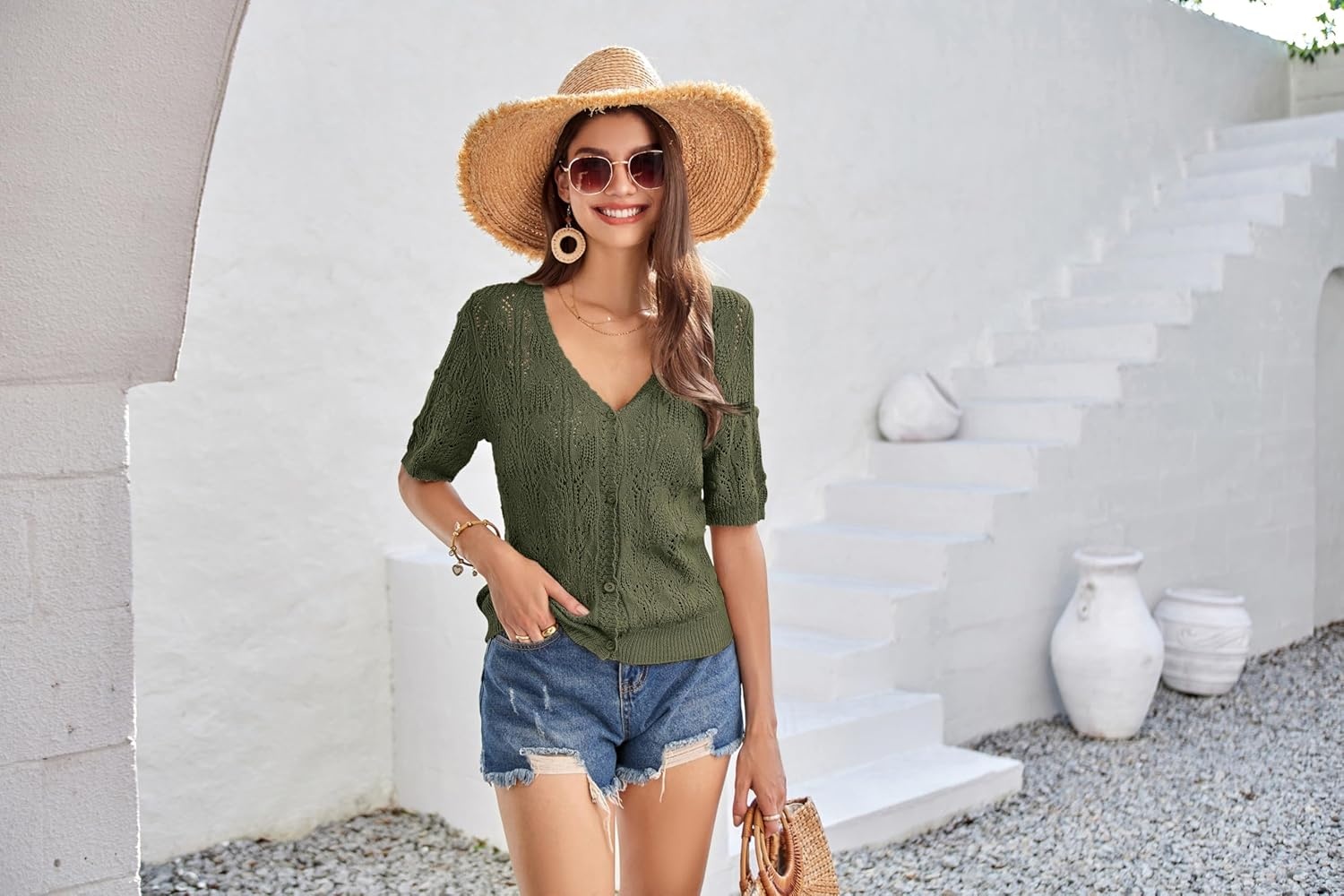 image:imageGRACE KARIN 2026 Womens Short Sleeve V Neck Cardigans Sweaters Open Front Knit Crochet Button Bolero Shrugs TopsArmy Green