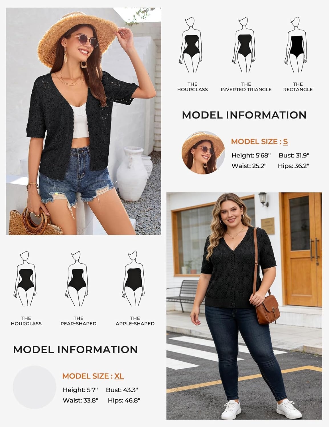 image:imageGRACE KARIN 2026 Womens Short Sleeve V Neck Cardigans Sweaters Open Front Knit Crochet Button Bolero Shrugs TopsBlack