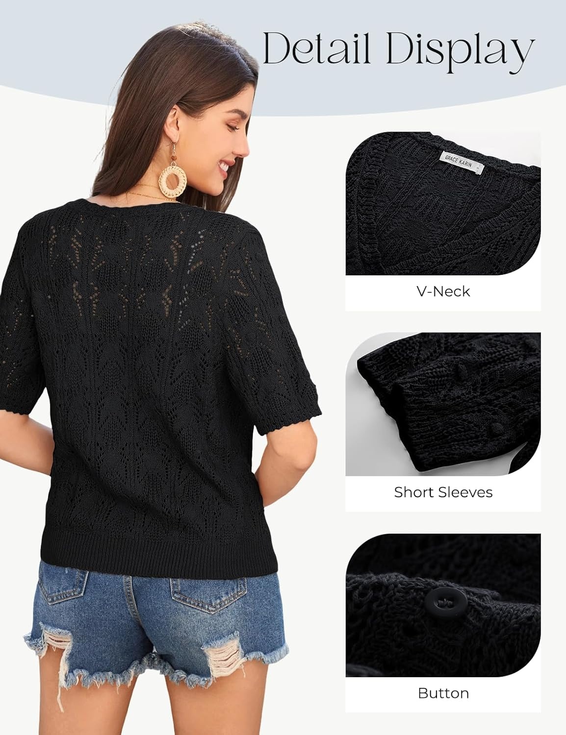 image:imageGRACE KARIN 2026 Womens Short Sleeve V Neck Cardigans Sweaters Open Front Knit Crochet Button Bolero Shrugs TopsBlack