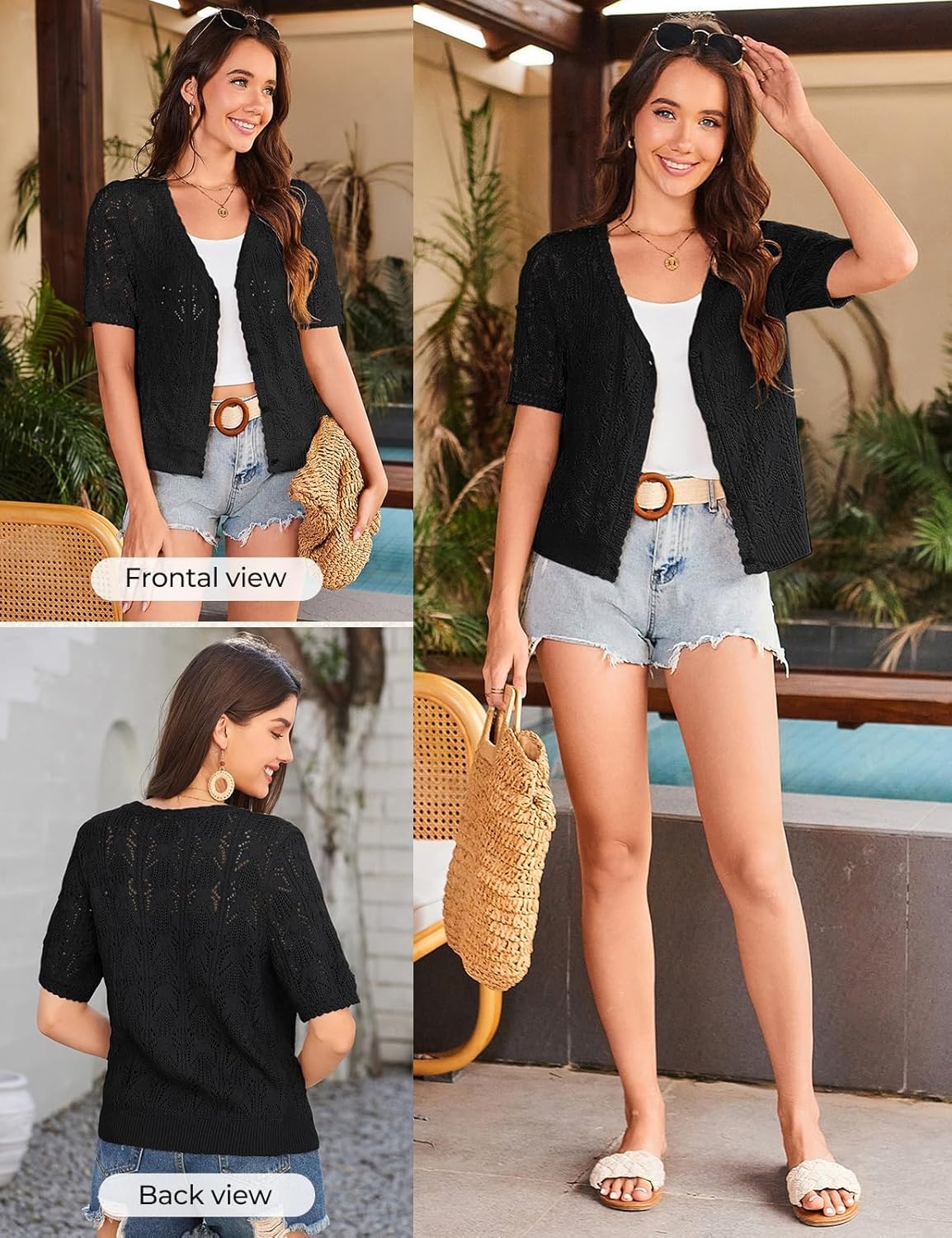 image:imageGRACE KARIN 2026 Womens Short Sleeve V Neck Cardigans Sweaters Open Front Knit Crochet Button Bolero Shrugs TopsBlack