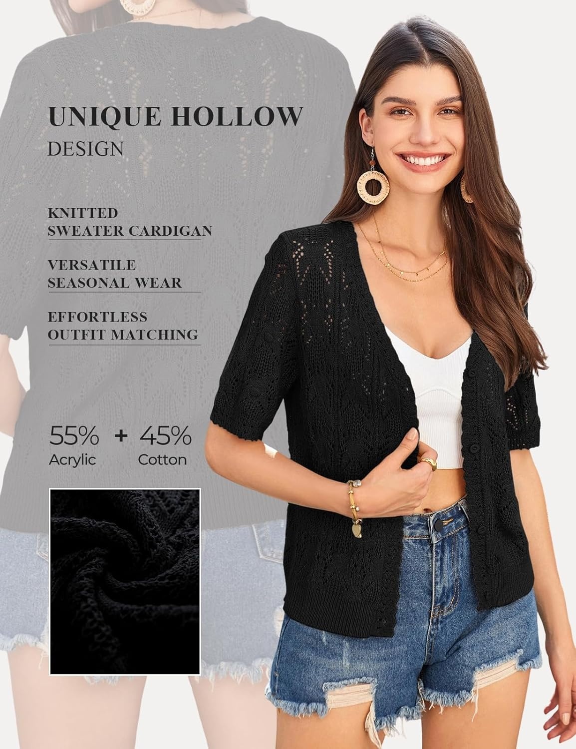 image:imageGRACE KARIN 2026 Womens Short Sleeve V Neck Cardigans Sweaters Open Front Knit Crochet Button Bolero Shrugs TopsBlack