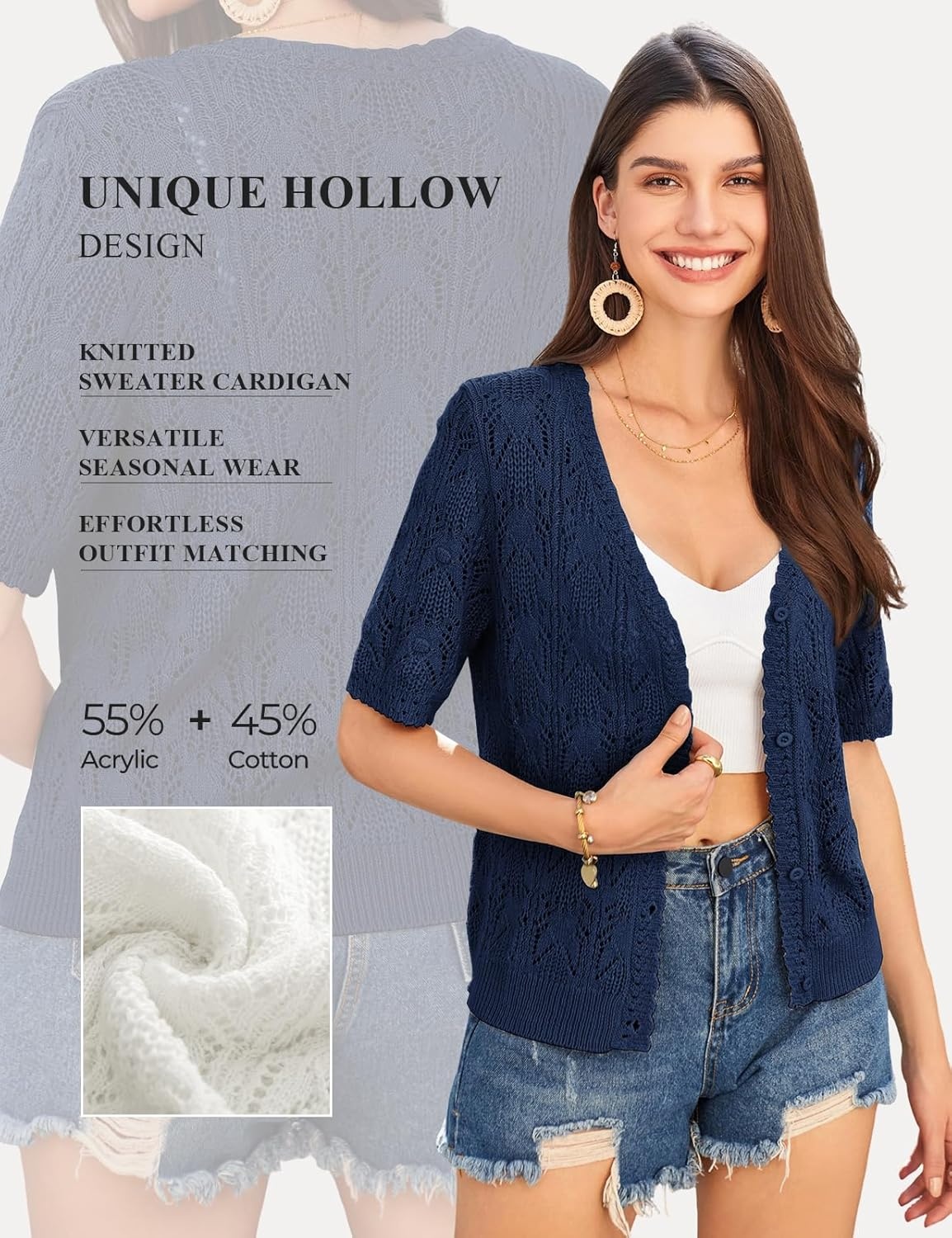 image:imageGRACE KARIN 2026 Womens Short Sleeve V Neck Cardigans Sweaters Open Front Knit Crochet Button Bolero Shrugs TopsDark Blue