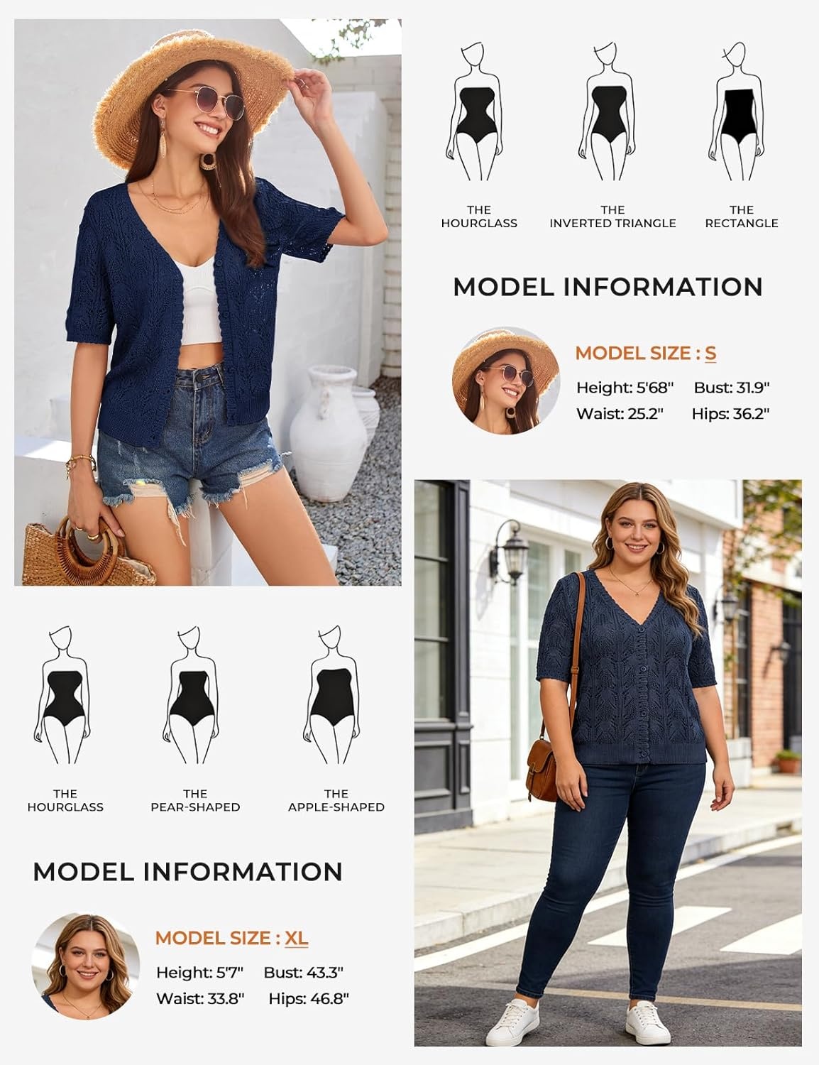 image:imageGRACE KARIN 2026 Womens Short Sleeve V Neck Cardigans Sweaters Open Front Knit Crochet Button Bolero Shrugs TopsDark Blue