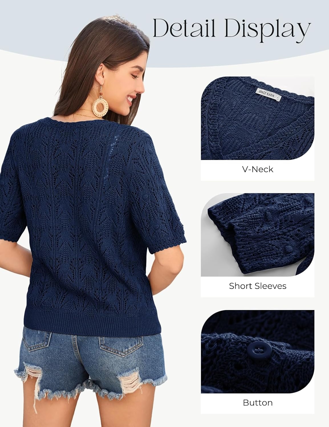 image:imageGRACE KARIN 2026 Womens Short Sleeve V Neck Cardigans Sweaters Open Front Knit Crochet Button Bolero Shrugs TopsDark Blue