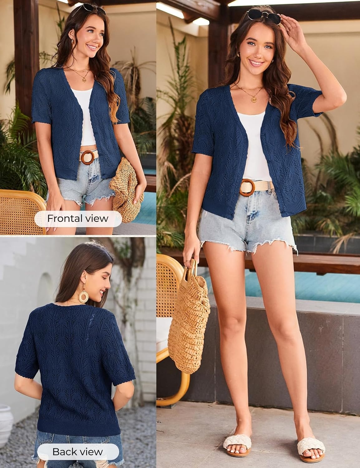 image:imageGRACE KARIN 2026 Womens Short Sleeve V Neck Cardigans Sweaters Open Front Knit Crochet Button Bolero Shrugs TopsDark Blue