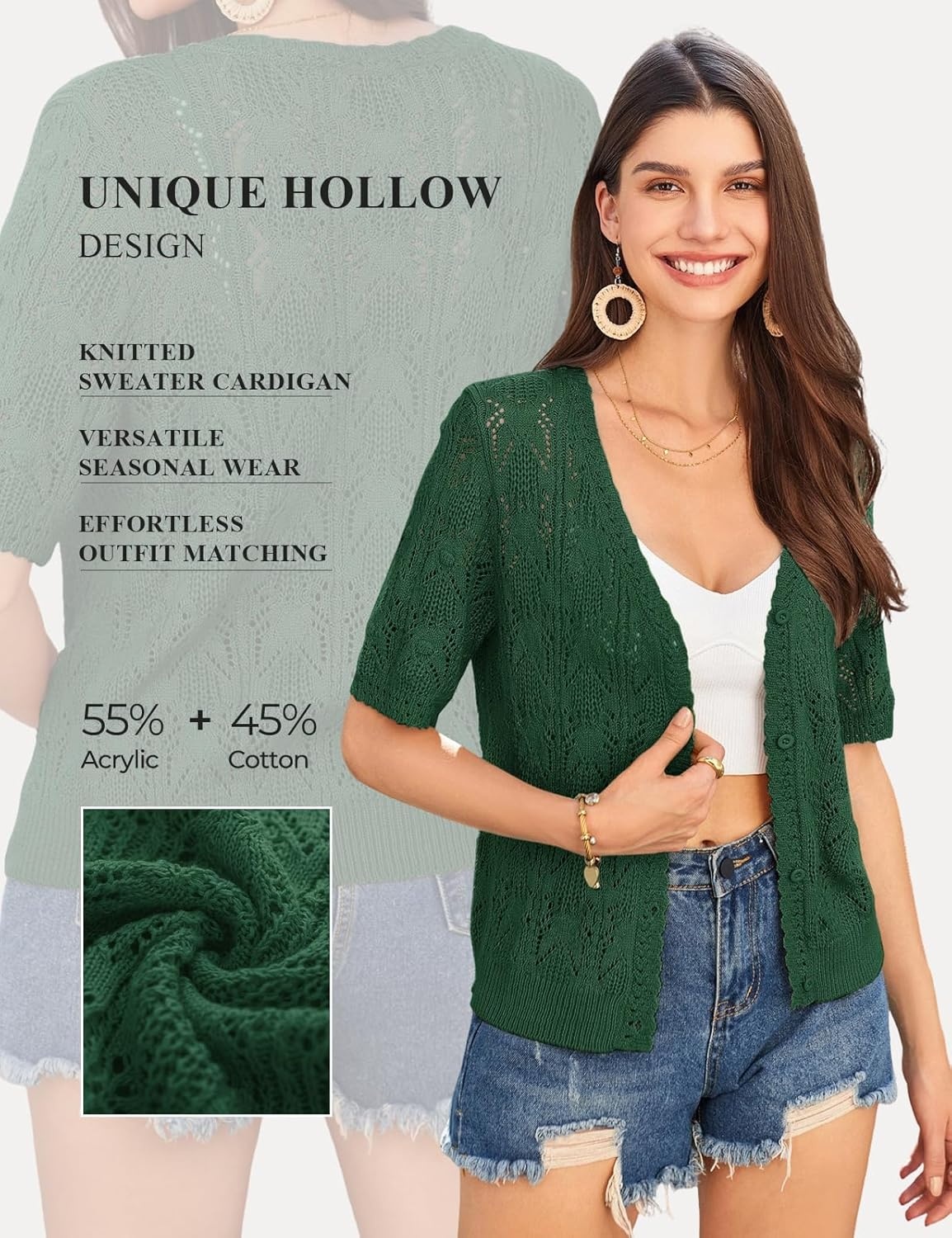 image:imageGRACE KARIN 2026 Womens Short Sleeve V Neck Cardigans Sweaters Open Front Knit Crochet Button Bolero Shrugs TopsDark Green