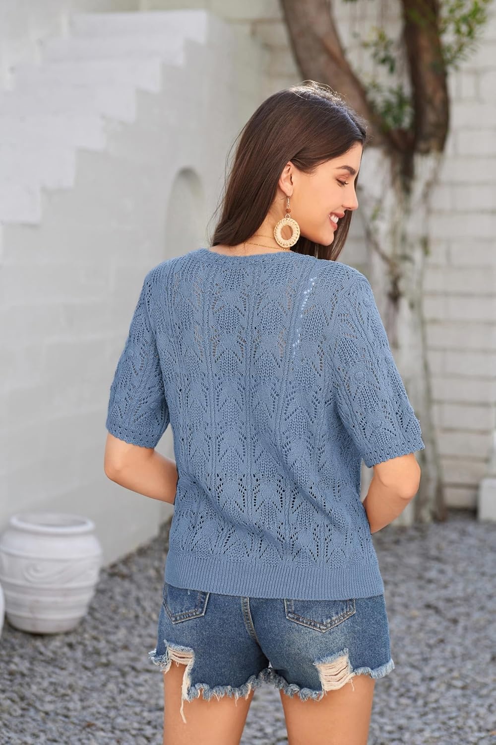 image:imageGRACE KARIN 2026 Womens Short Sleeve V Neck Cardigans Sweaters Open Front Knit Crochet Button Bolero Shrugs TopsGray Blue