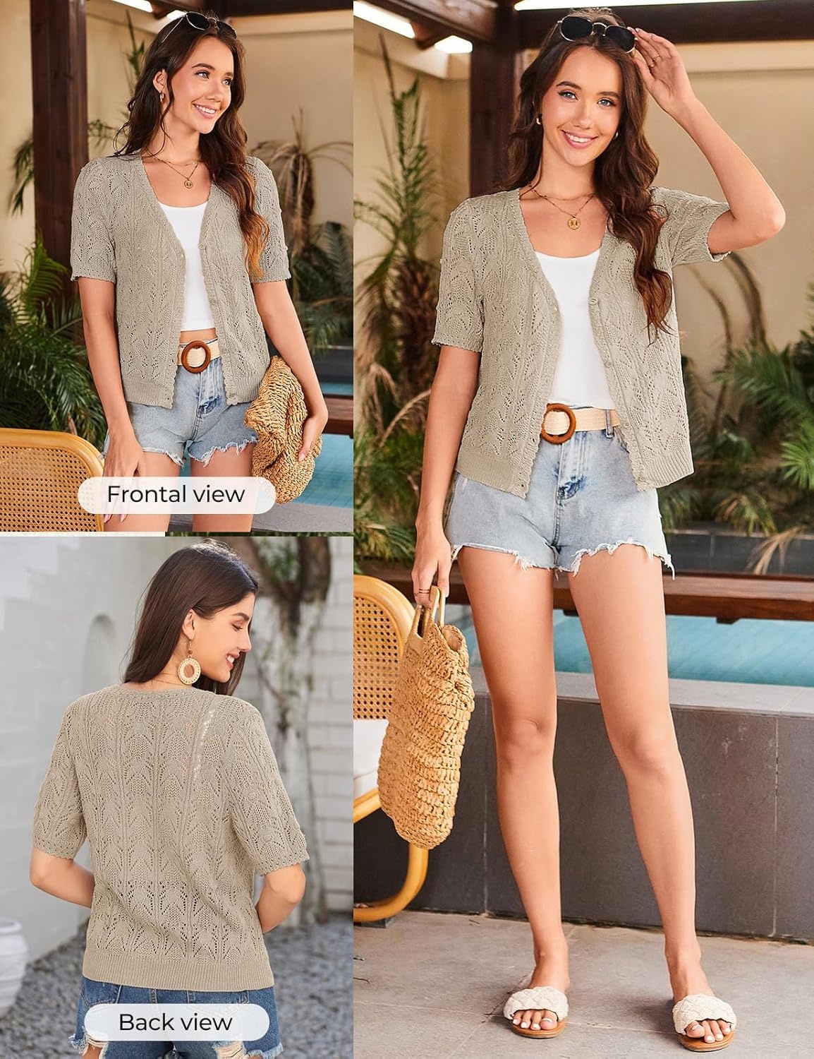 image:imageGRACE KARIN 2026 Womens Short Sleeve V Neck Cardigans Sweaters Open Front Knit Crochet Button Bolero Shrugs TopsGrey Apricot