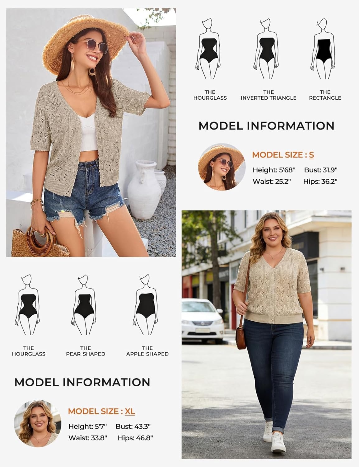 image:imageGRACE KARIN 2026 Womens Short Sleeve V Neck Cardigans Sweaters Open Front Knit Crochet Button Bolero Shrugs TopsGrey Apricot