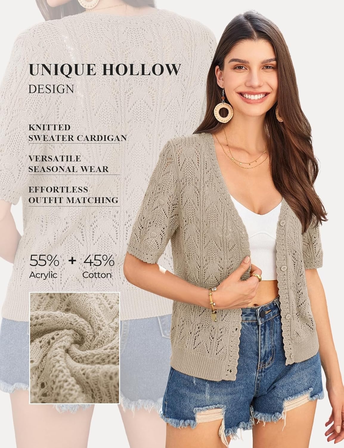 image:imageGRACE KARIN 2026 Womens Short Sleeve V Neck Cardigans Sweaters Open Front Knit Crochet Button Bolero Shrugs TopsGrey Apricot