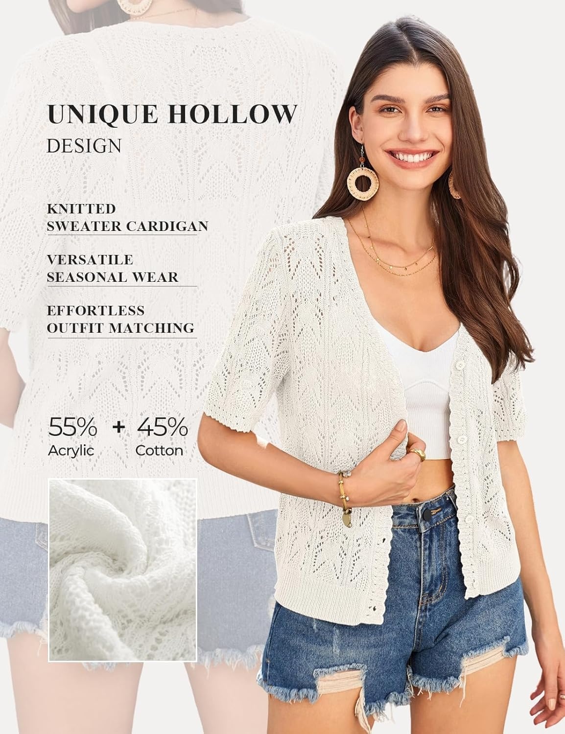 image:imageGRACE KARIN 2026 Womens Short Sleeve V Neck Cardigans Sweaters Open Front Knit Crochet Button Bolero Shrugs TopsIvory White