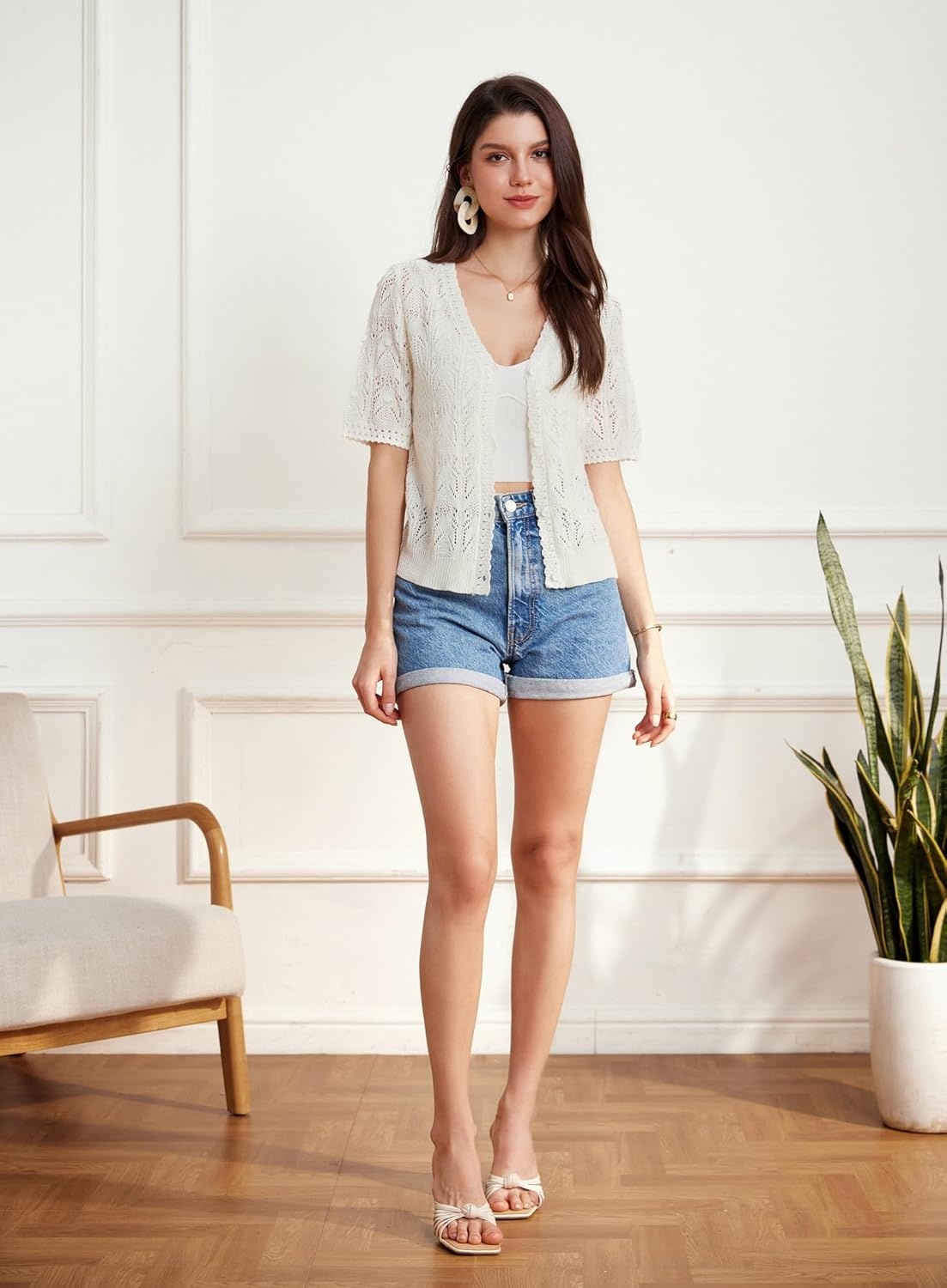 image:imageGRACE KARIN 2026 Womens Short Sleeve V Neck Cardigans Sweaters Open Front Knit Crochet Button Bolero Shrugs TopsIvory White