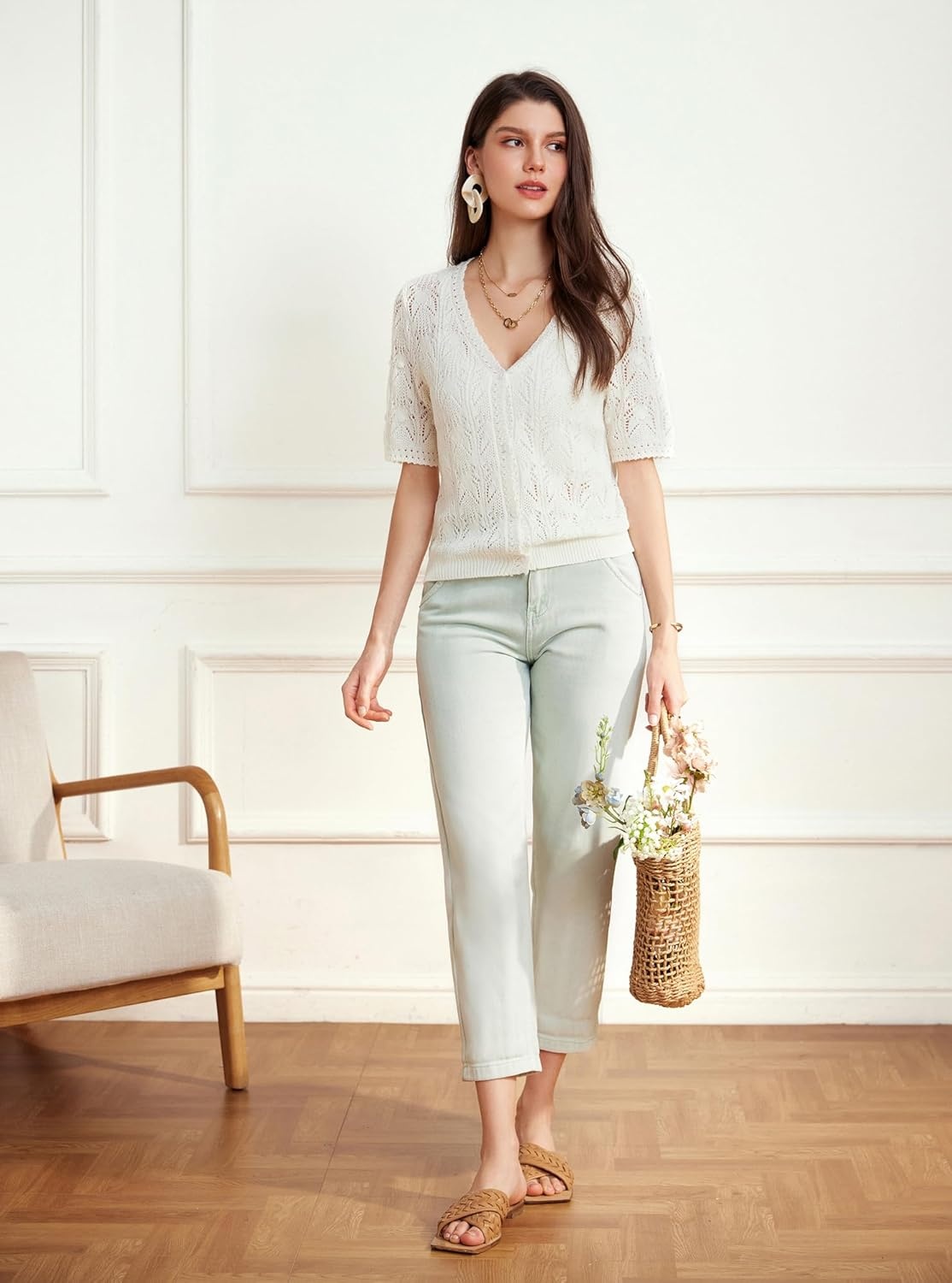 image:imageGRACE KARIN 2026 Womens Short Sleeve V Neck Cardigans Sweaters Open Front Knit Crochet Button Bolero Shrugs TopsIvory White