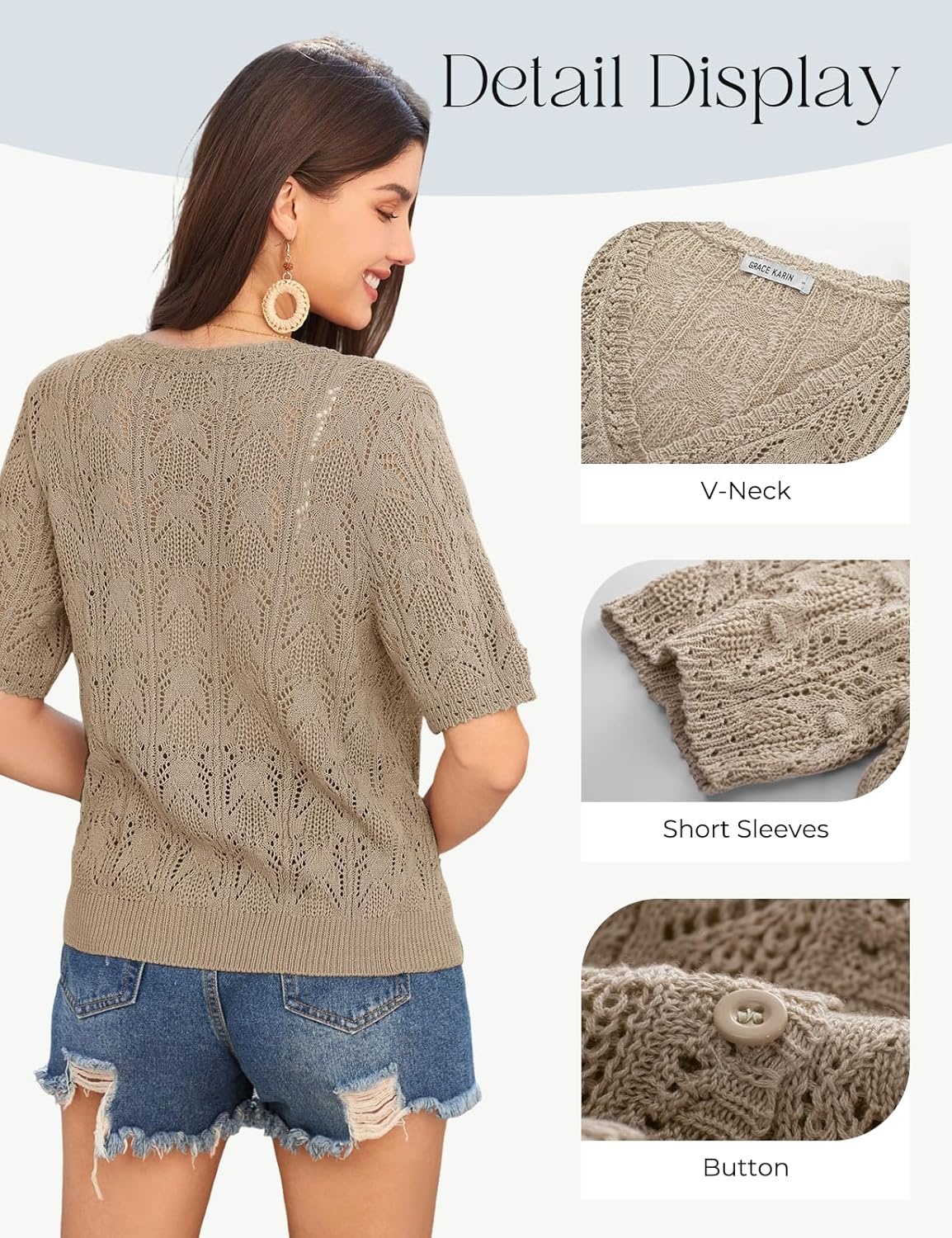 image:imageGRACE KARIN 2026 Womens Short Sleeve V Neck Cardigans Sweaters Open Front Knit Crochet Button Bolero Shrugs TopsKhaki