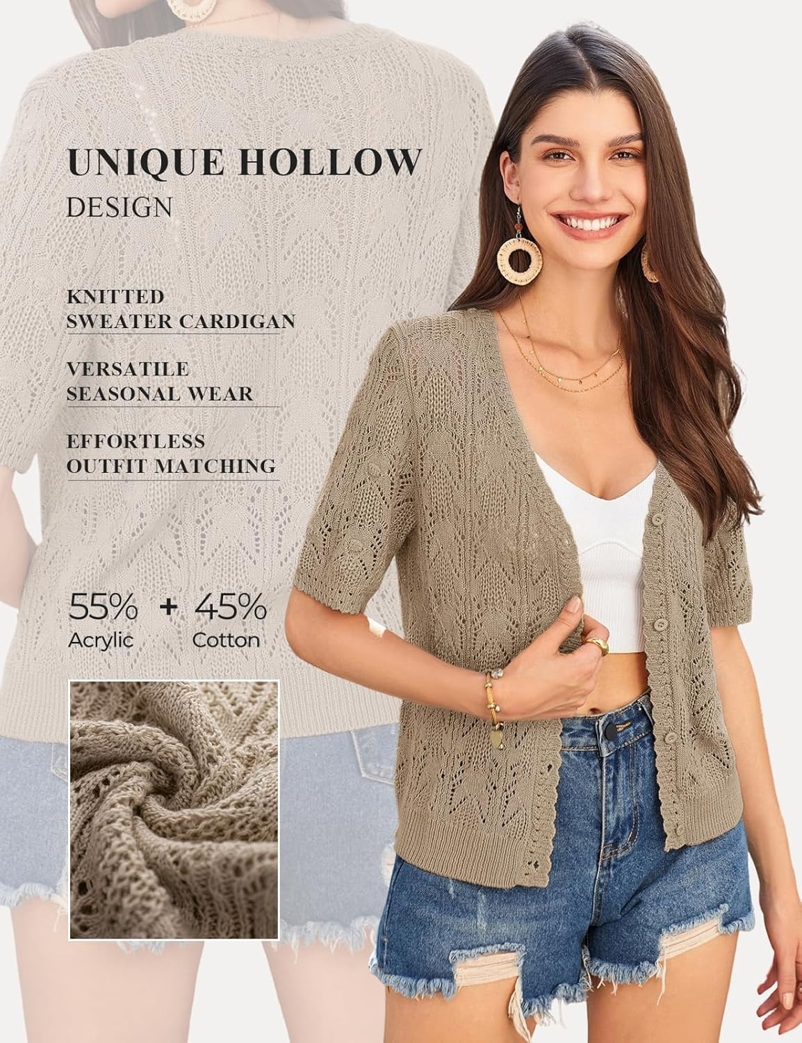 image:imageGRACE KARIN 2026 Womens Short Sleeve V Neck Cardigans Sweaters Open Front Knit Crochet Button Bolero Shrugs TopsKhaki