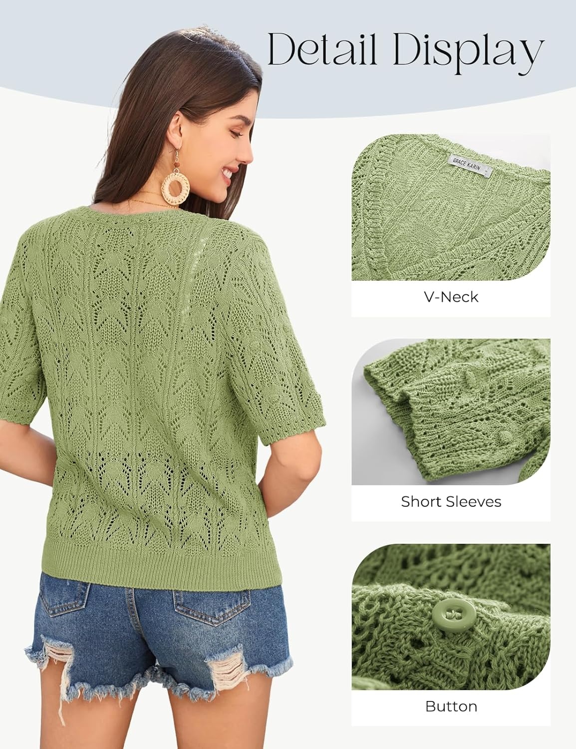 image:imageGRACE KARIN 2026 Womens Short Sleeve V Neck Cardigans Sweaters Open Front Knit Crochet Button Bolero Shrugs TopsLight Green