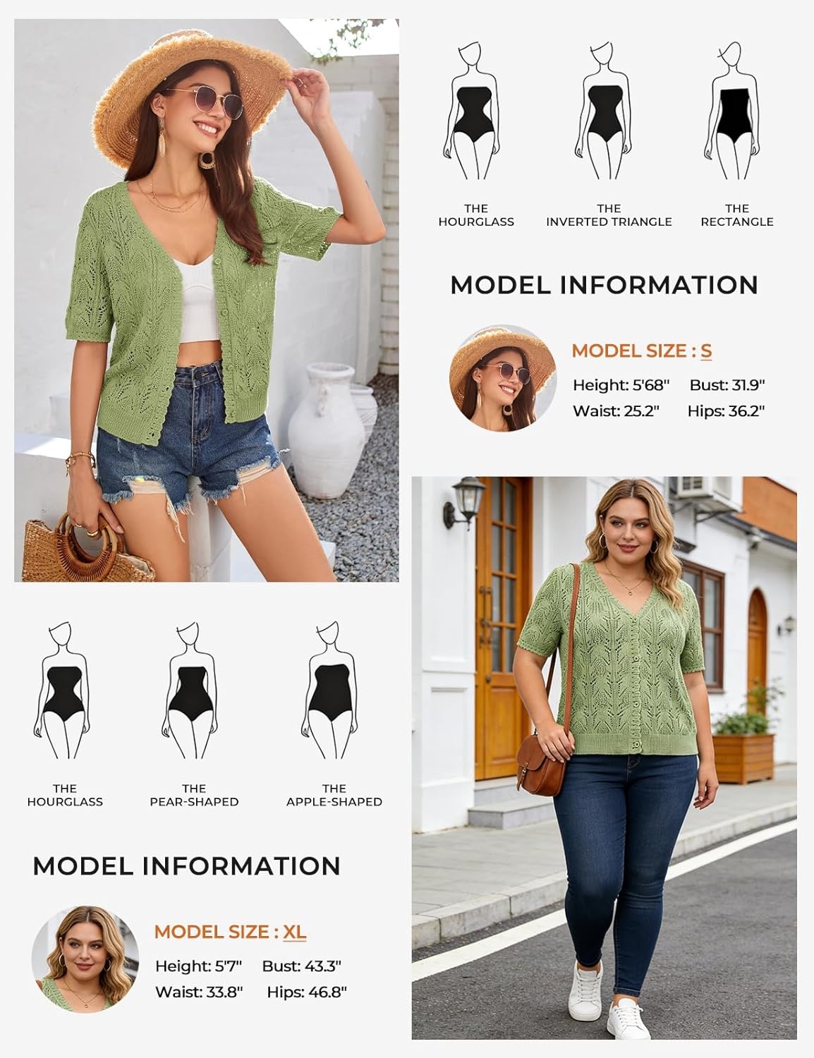 image:imageGRACE KARIN 2026 Womens Short Sleeve V Neck Cardigans Sweaters Open Front Knit Crochet Button Bolero Shrugs TopsLight Green